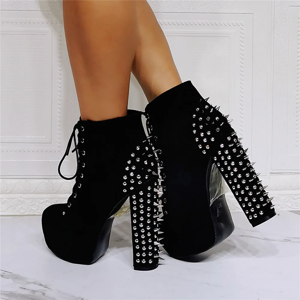 Kolnoo New Elegant Handmade Women Chunky Heels Boots Rivets Spikes Sexy Platform Party Prom Ankle Boots Evening Fashion Shoes