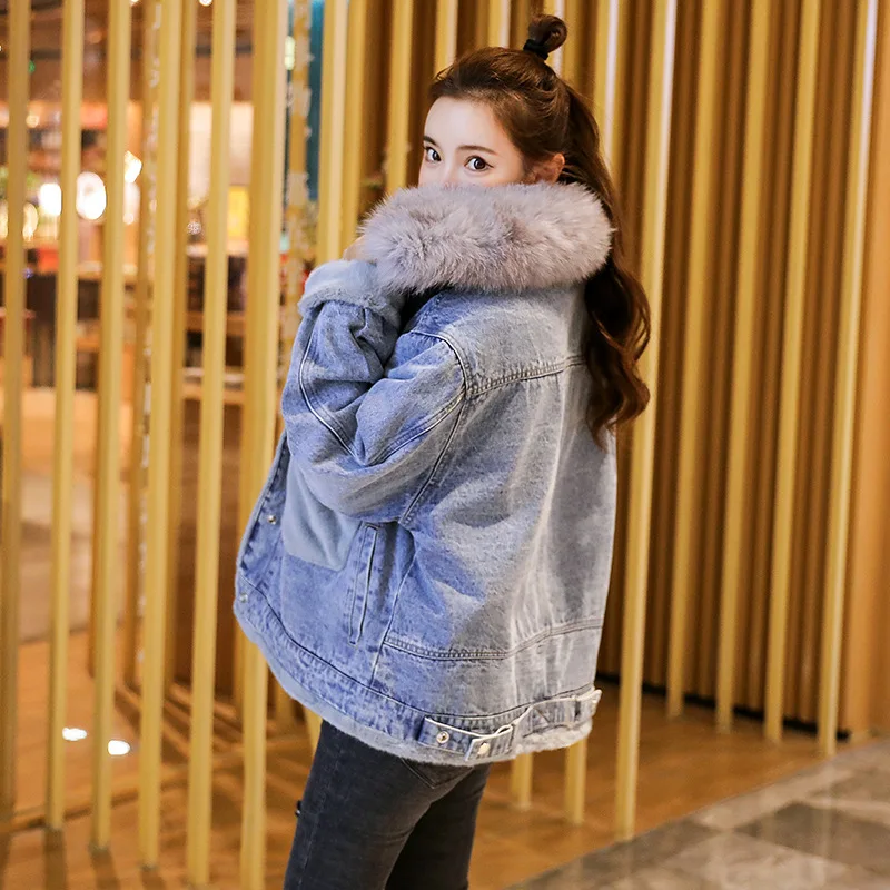 

2019 Winter New Style Korean-style Loose Mink Hair Large Pocket Brushed And Thick Cowboy Cotton-padded Clothes Women's Warm Cott