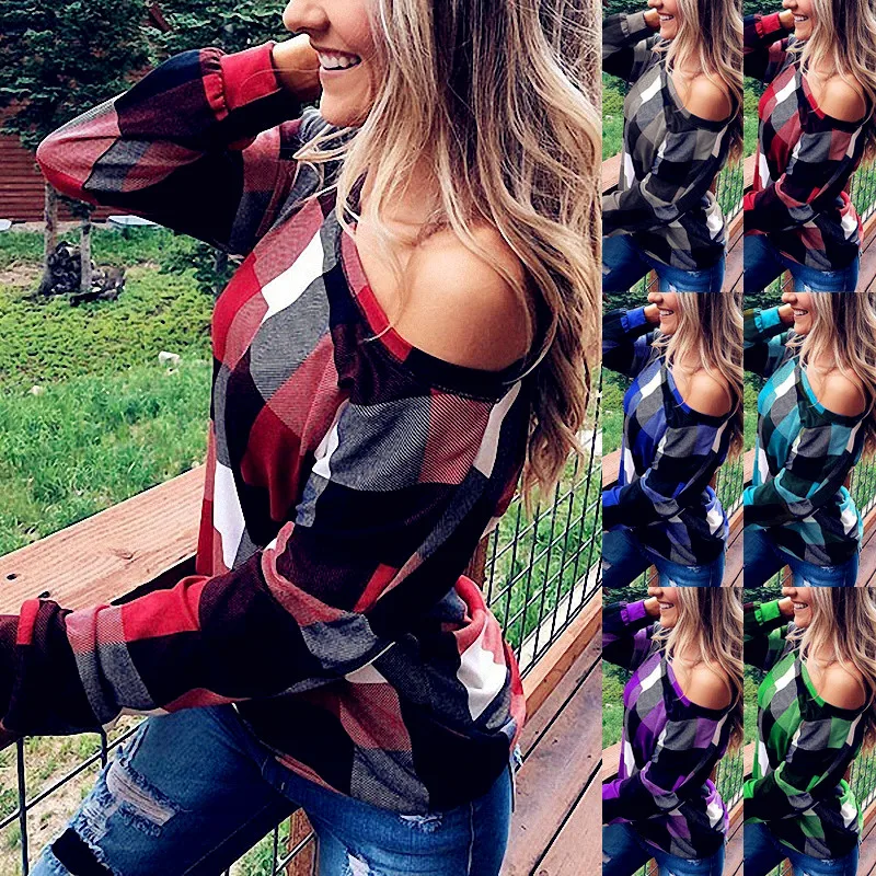 

2019 Autumn Winter Women Blouses Vintage Sexy Off Shoulder Plaid Casual Befree Long Sleeve 5XL Big Large Plus Sizes Shirts