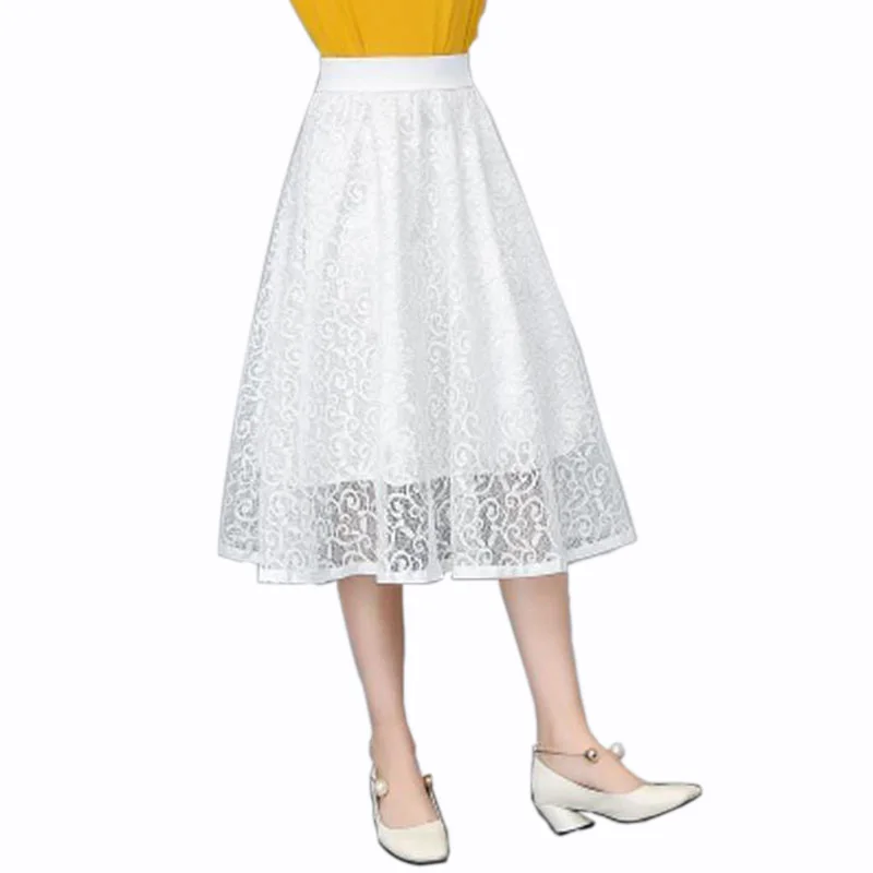 

Spring Autumn 2 Layers Midi Mesh Skirt Women Elastic Empire Pleated Lace Skirts Chic Long Tulle Ins Tutu Skirt Femme Black White