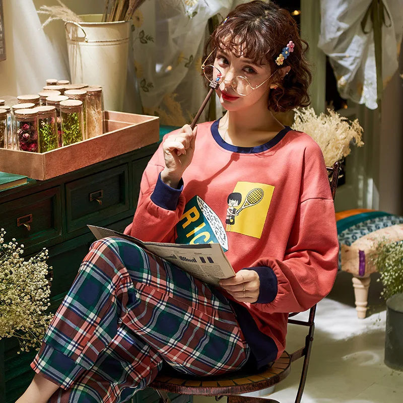 

8281 # Large Bowl Lettered Boy Pullover Jyr Long Sleeve Korean-style Sweet Pajamas Tracksuit Two-Piece Set