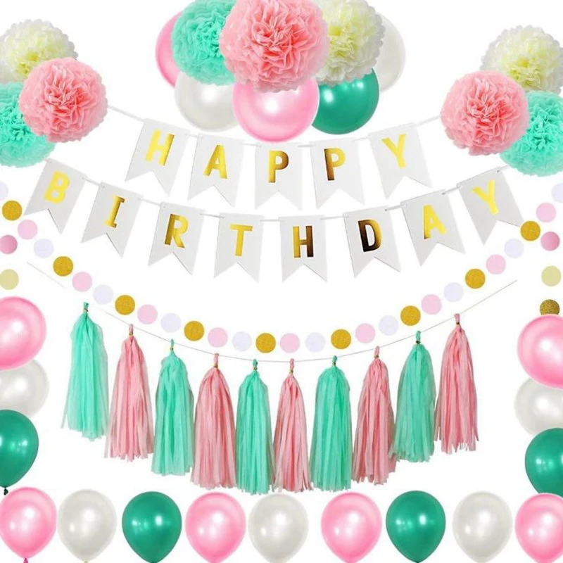 51 Pcs Decoration Supplies Round Paper Flower Ball Balloon Paper Tassel Birthday Pull Flag Home Birthday Party Wedding Decoratio