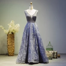 Настоящая фотография, Выпускные Платья с потрясающими кристаллами, v-образный вырез, открытая спина, синие вечерние платья, трапециевидная Кружевная аппликация, официальная одежда