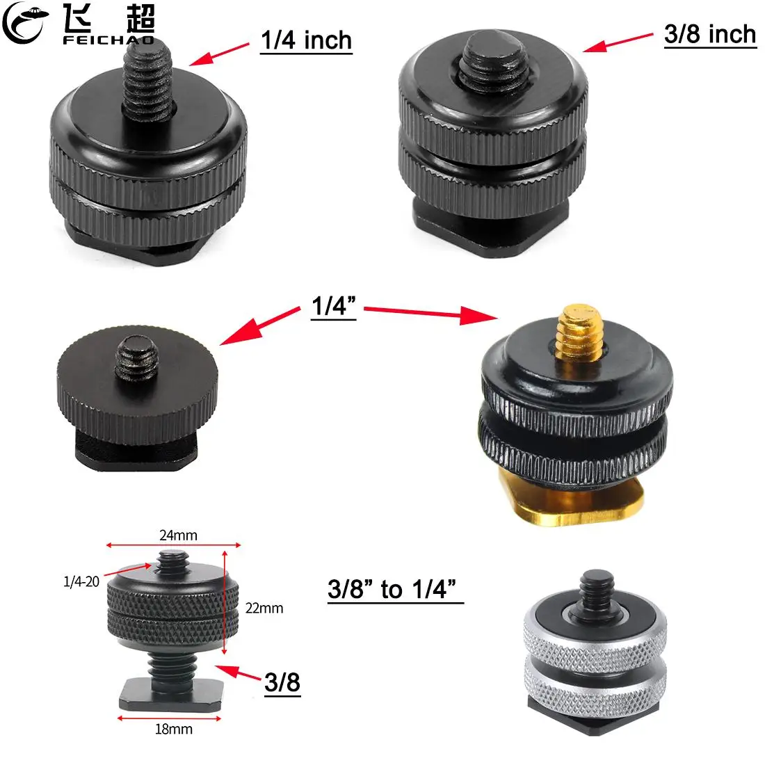 Single/Double Nut Cold Shoe Tripod Mount to Flash Hot Shoe Screw Adapter 3/8 1/4 5/8 for GoPro DSLR