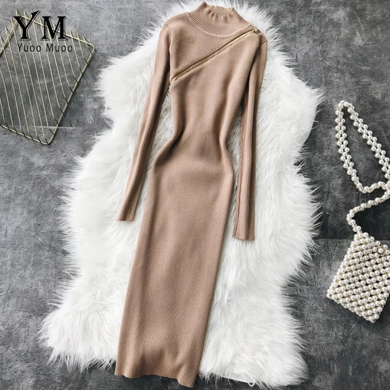 YuooMuoo Rouje французская молния элегантное облегающее платье водолазка зимнее трикотажное платье-свитер осеннее женское платье с длинными рукавами