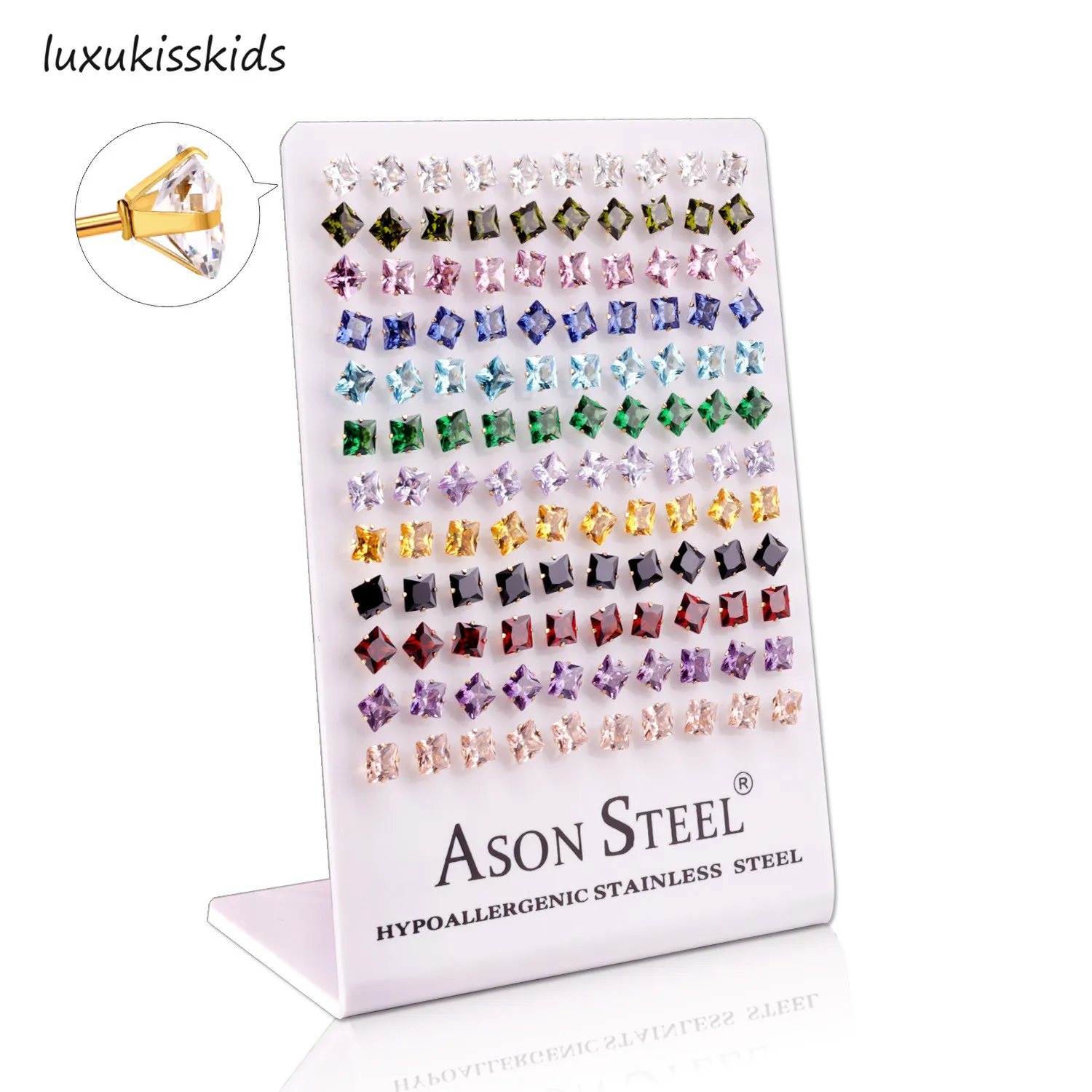 

LUXUKISSKIDS 60paris/lot Square Zircon Small Stud Earrings Set Stainless Steel Screw Plug Earring For Women Kids Girl Men