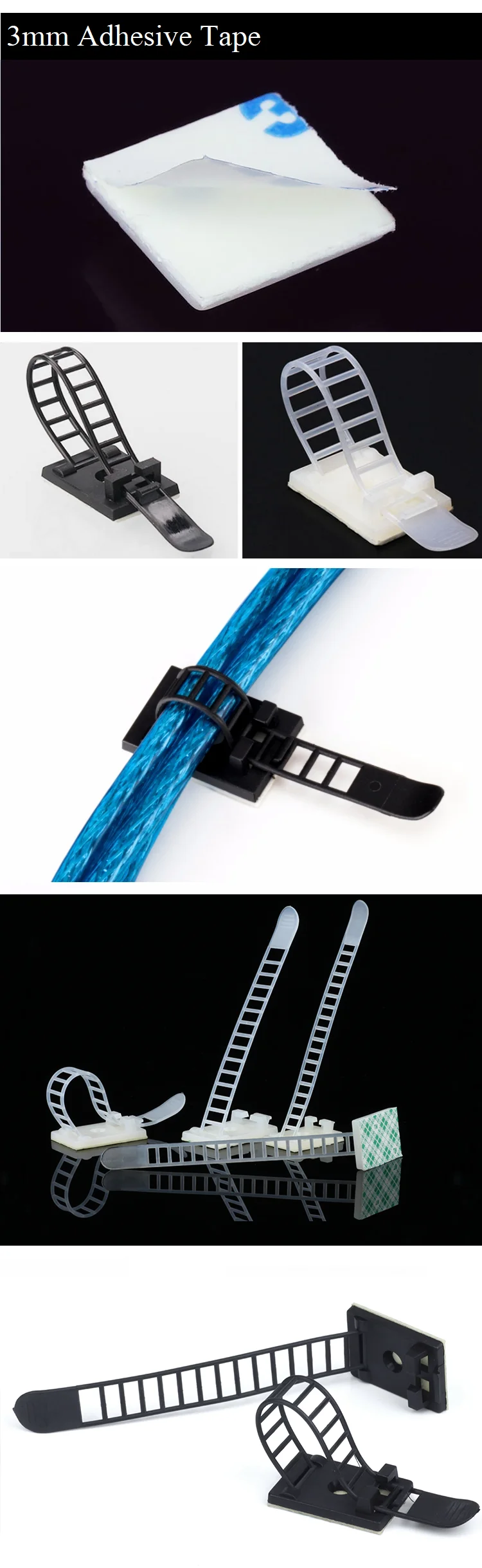 Description Picture 3 of item10pcs CL-1 CL-2 CL-3 Cable Clips Self Adhesive Mount Wire Clamps Line Tie Fixed Adjustable Fasten Organizer Holder White Black