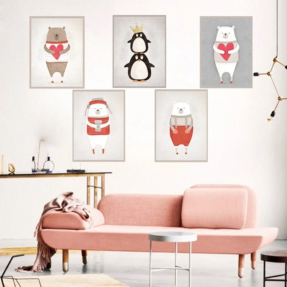 

Cartoon Couple Bear Penguin Canvas Painting Cute Polar Bear Animal Print Poster Warm Children's Room Living Room Decor pictures