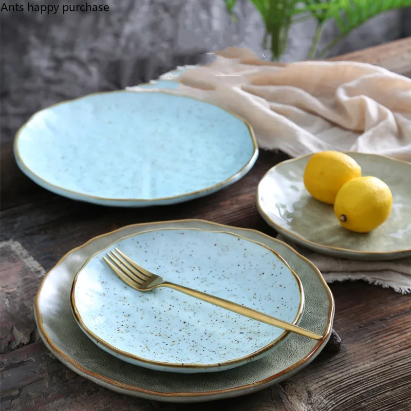 

Ceramics Creative Dish Plate Household Plate Restaurant Tableware Supplies Round Retro Nordic Dishes and Plates Sets Kitchen