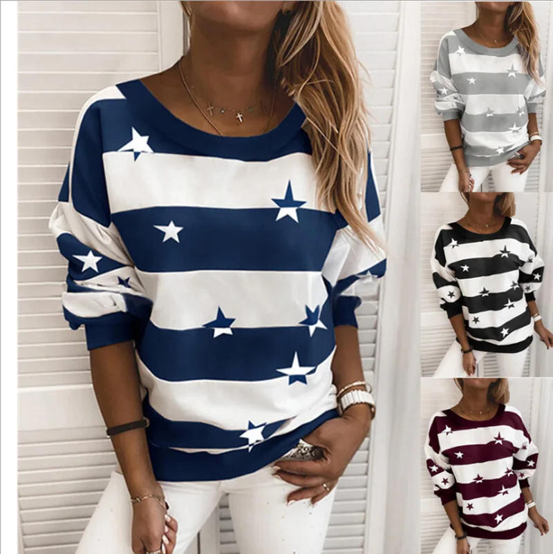 

New Women's Round Neck Thick Stripe Printed Sweater Star Pattern Long Sleeve Top Women's Loose Sweater Autumn / Winter 2020
