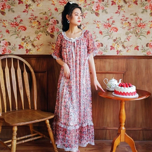 꽃 프린트 나이트 드레스 여성 모달 메쉬 레이스 롱 Peignoir Princess Sleepwear 로맨틱 나이트 가운 Vintage Victorian Nightie 2