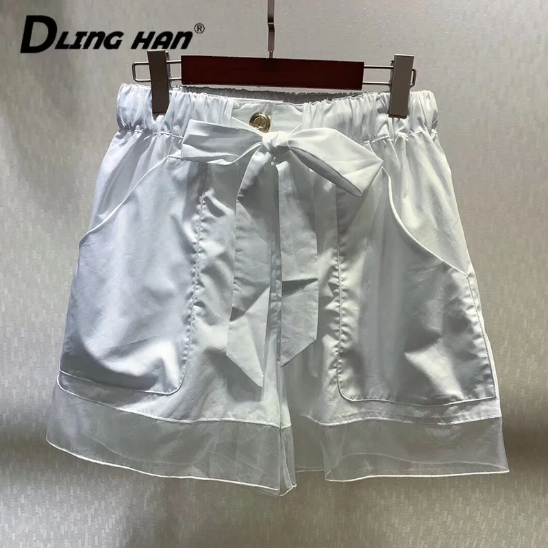 

LINGHAN high-end designer solid color shorts women elastic high waist lace up bow mesh patchwork sweet Korean short shorts