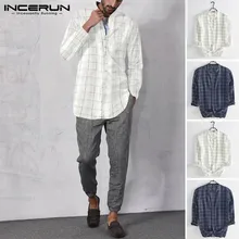 INCERUN клетчатая рубашка повседневная с длинными рукавами и воротником маленькие свежие мужские s Модные уличные кнопки вниз Мужская Блузка Camisa Masculina 5XL