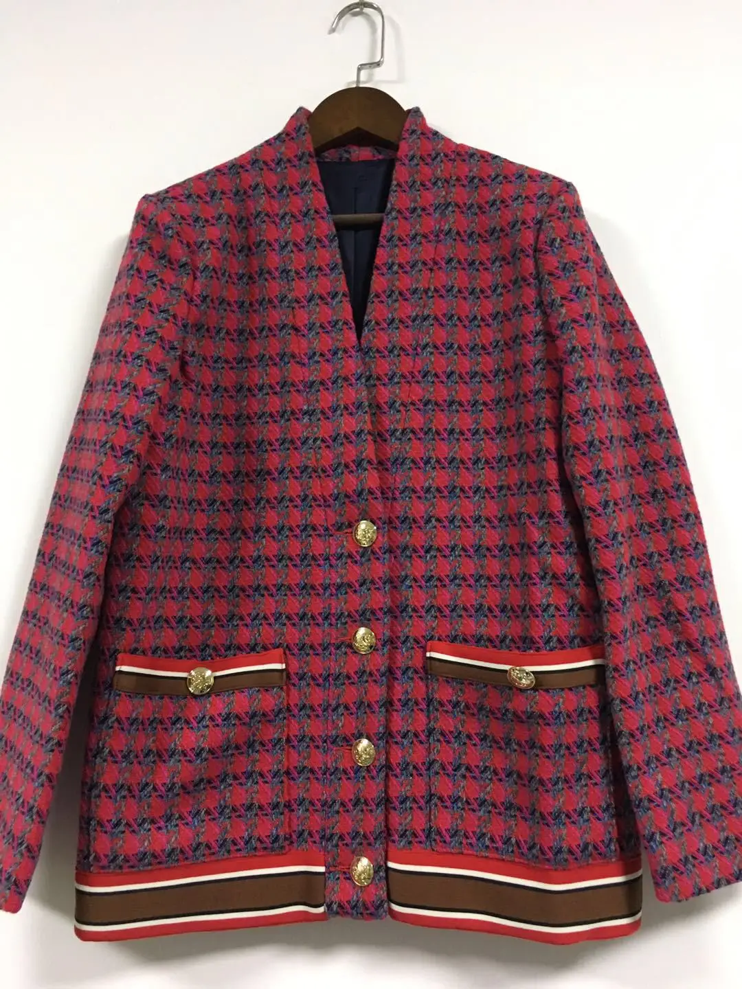 

Fall and Winter 2019 New Famous Wonderful Fragrance Style Collision Colored Edge Lattice Medium-long Woolen Coat Women Jackets