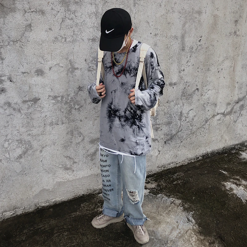 Лоскутная контрастная с длинным рукавом безразмерная свободный пояс Краска Граффити пинт графическая футболка Японская уличная одежда панк хип-хоп Топ