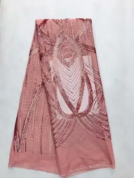 

african french lace fabric Sequins High Class Nigerian Fabric pink color With Sequins Embroidery For Sewing Women Dress JL2851