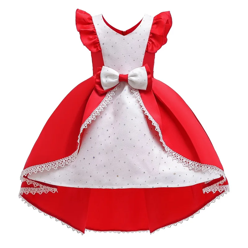 Рождественские новогодние платья для девочек; кружевные платья принцессы в горошек с рукавами-крылышками для девочек; детская праздничная одежда с бантом и шлейфом - Цвет: Red