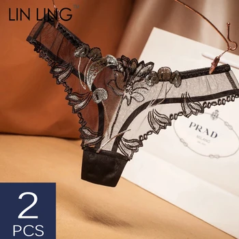 

2 Pieces Sexy Thong Mesh Transparent underwear women Hollow Embroidered Panties Low-Rise Fashion Lingerie Tempting G-string