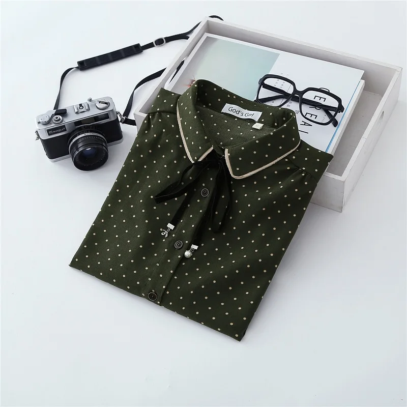 

Autumn New Chiffon Blouse Spring Fashion Bow-tie Pearl Dot Tops Chiffon Stitching Long-sleeve Shirt Female