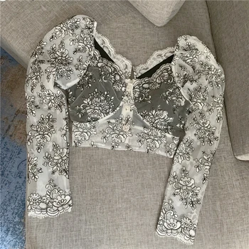 

Short Blouse Woman New French Temperament Sexy Perspective Deep-V Embroidered Long-Sleeve Lace Top Women's Lace Shirt Blusas