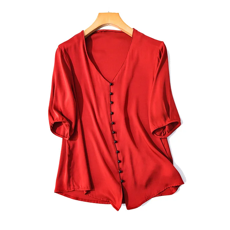 

Summer Female Silk Blouse 91% Natural Silk Tops and Blouses Women elegant V neck Half Sleeve Silk Work office Blusas