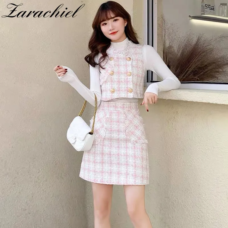 Autumn Winter Sweet Wool Clothing Suit Women Plaid Golden Double Breasted  Tweed Vest Crop Top + High Waist Pocket Mini Skirt Set - AliExpress