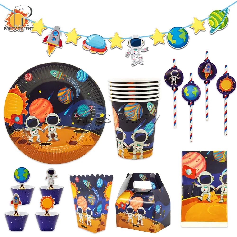 Astronauta espacio Solar suministros para temática de fiesta y cumpleaños desechables mantel Mesa Deco caja de pastel caramelos globo