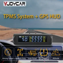 Vjoycar最新2で1カーhud gpsスピードメーター + tpmsタイヤ空気圧監視システムワイヤレス太陽光発電セキュリティ警報システム