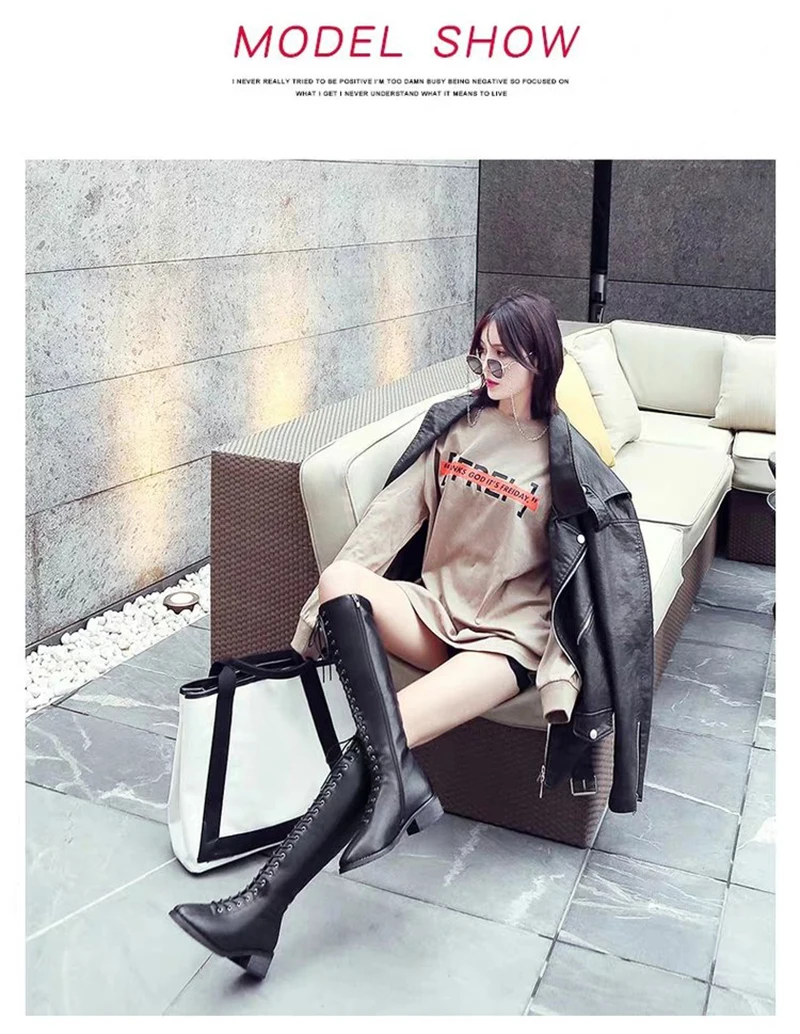 Autumn Lace Up Knee High Boots Women Black Square Heels Platform Rose Shoes Woman Winter Leather Botas Mujer Big Size
