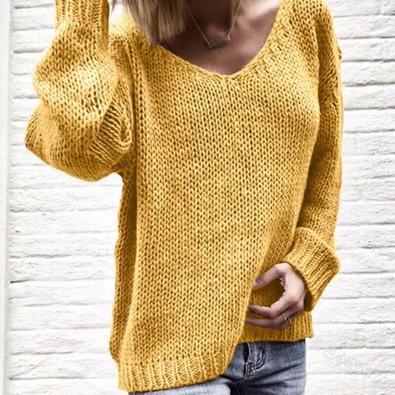 Однотонные женские свитера с v-образным вырезом, пуловеры, осенняя модная Свободная трикотажная одежда, повседневные женские пуловеры размера плюс