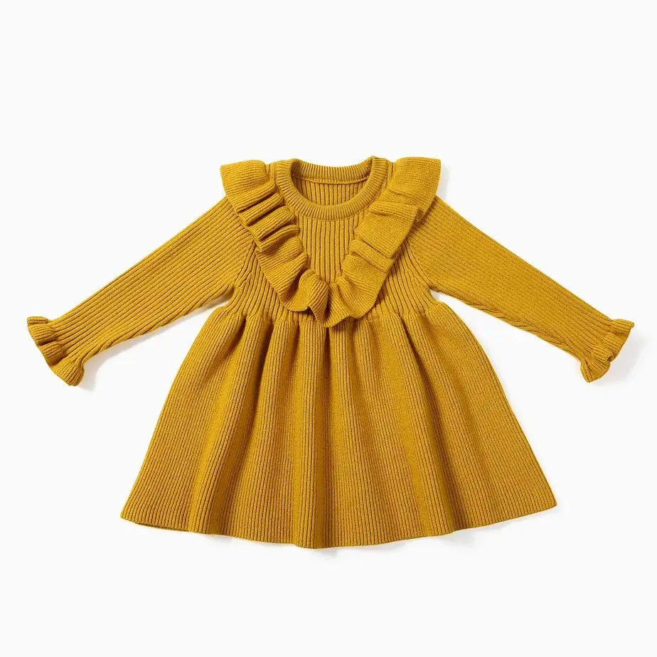Осеннее платье трапециевидной формы для девочек; вязаное платье; теплый детский свитер для маленьких девочек; вязаное платье; одежда для маленьких девочек - Цвет: Цвет: желтый