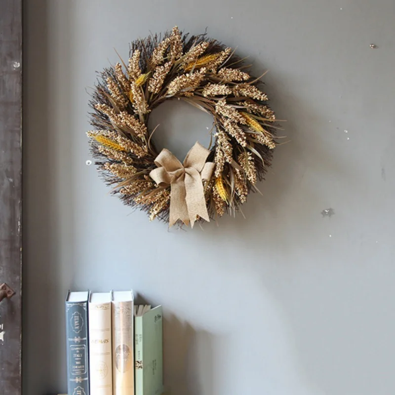 Artificial Grain Wreath With Bowknot Fall Harvest Garland Door Hanging Decor And Thanksgiving Holiday Decorative Ornament