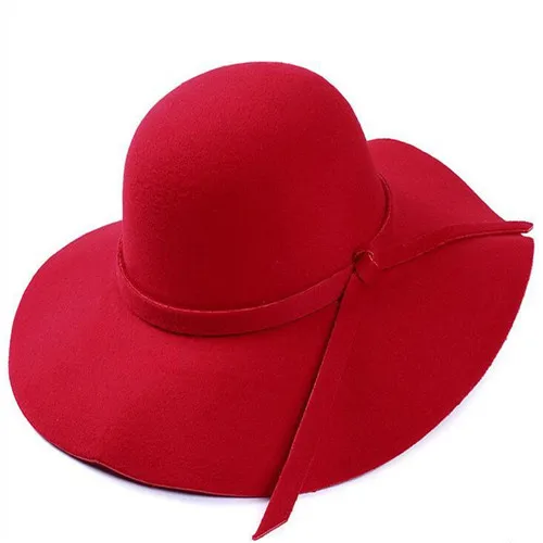 Красный Autumn Wool Felt Fedoras Sun Hat Women Fashion Wide Brim Sunbonnet Fedoras Lady Beach Sunhat UV Protection Caps hats for women - Цвет: Красный