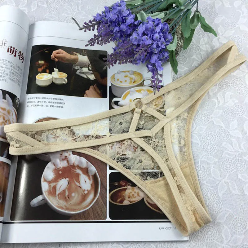 Женские кружевные стринги Нижнее белье Трусики Ropa трусики стринги Calcinhas - Цвет: Apricot
