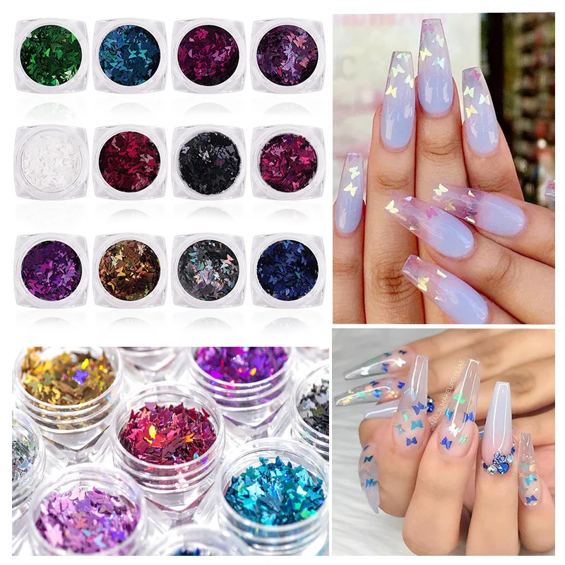 

12 Colors Shiny Butterfly Nail Art Decor Acrylic Paillette Holographic Nail Sparkle Sequins Manicure Tips Decal Nail Decoreation