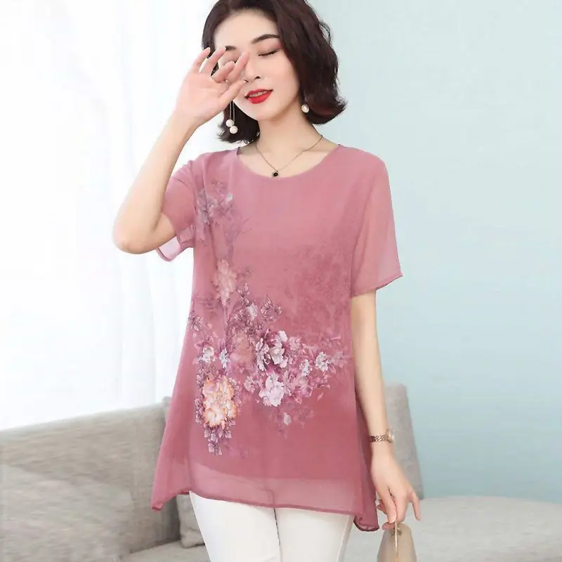 

Summer Women Mid-Length Style Casual Chiffon Blouses Shirts Short Sleeve O-Neck Loose Tops Solid Color Print BlusasDM0113