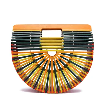 

New fashion bamboo handmade women totes bag summer hallow out colorful hard striped handbags