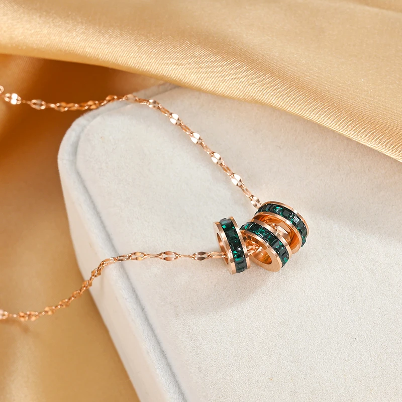Korean Style Fashion Three Green Geometry Circular Zircon Crystal Pendant Women Necklaces Luxury Rose Gold Choker Chain Jewelry | Украшения