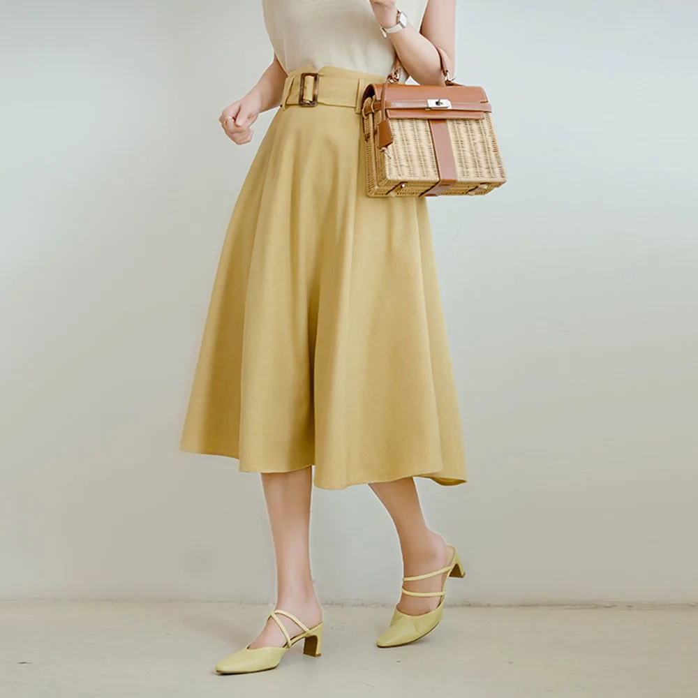 

Summer Sweet Chic Japan Swing Skirt Hepburn Style Belt Solid Color Mid-Calf A-line Daily Skirt Date Night Clothes Beachwear