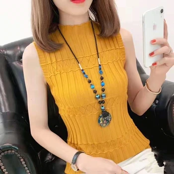 

Women Slim Knitting Hollow Out Tank Tops Female Knitted Half Turtleneck Camis Sleeveless Solid T shirts Tops Spring Summer