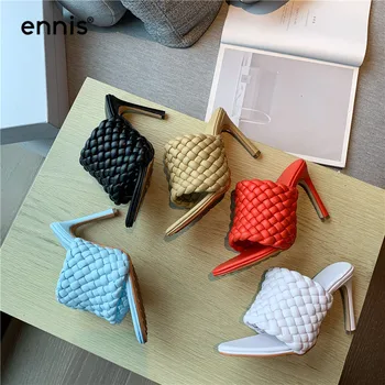 

ENNIS Designer Fashion Slippers Women Pointed Toe Mules Sexy Stiletto High Heels Summer Sandals Woven Shoes Orange White S0046