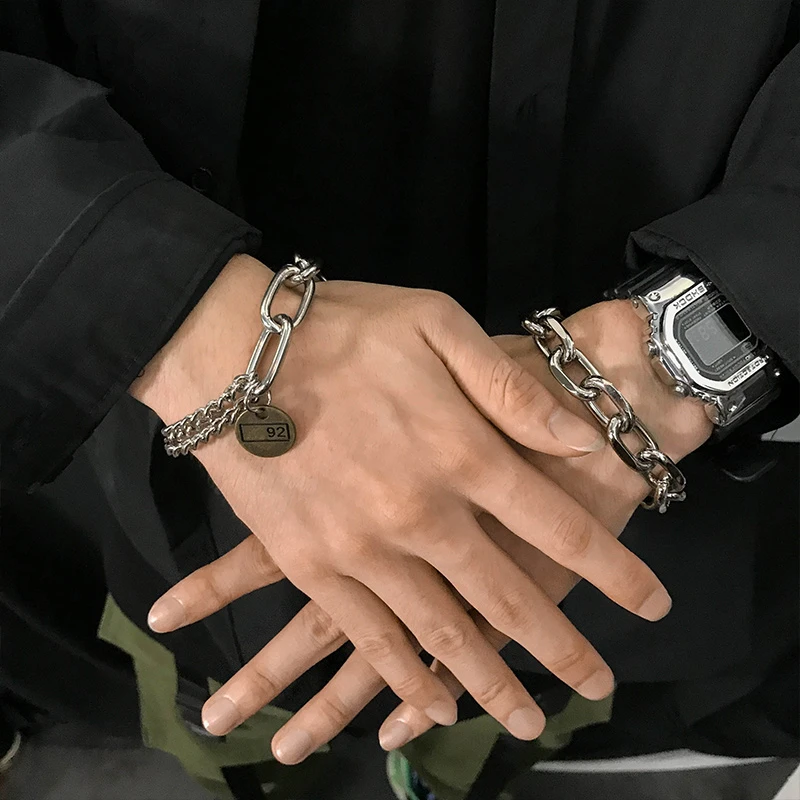 HUANZHI Silver Color Punk Bangle Classic Hip Hop Harajuku Thick Chain Thin Double Pendant Link Round Bracelet For Men Jewelry