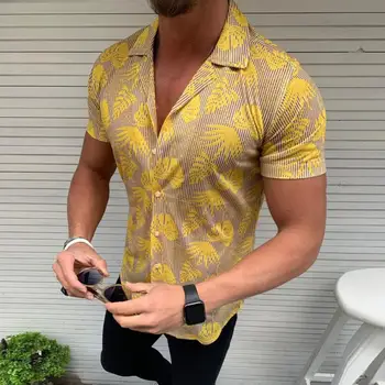

Men Fashion Short Sleeve Turn Down Collar Blouse Leaves Print Button Slim Shirt Fashion casual fashionable shirt
