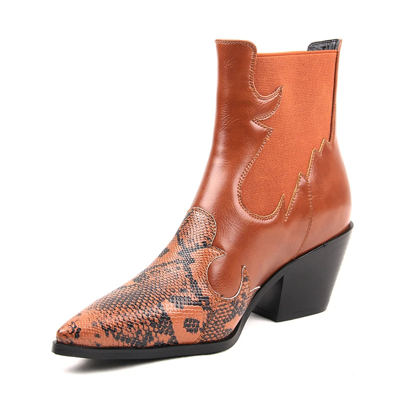 

COOLULU Spring/Autumn Microfiber leather Brown knee boots women pointed toe chunky high heel cowboy boots sewing Ankle boots