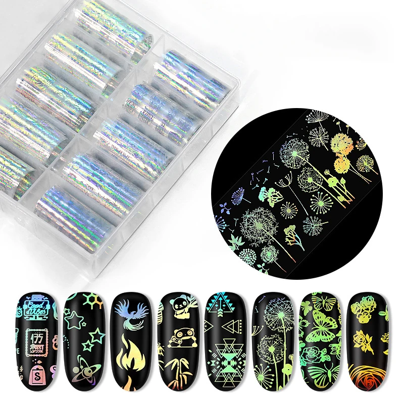 

1 Box Holographic Nail Foil Flame Dandelion Panda Bamboo Flamingo Nail Transfer Sticker Laser Starry Sky Paper Nail Art Decals