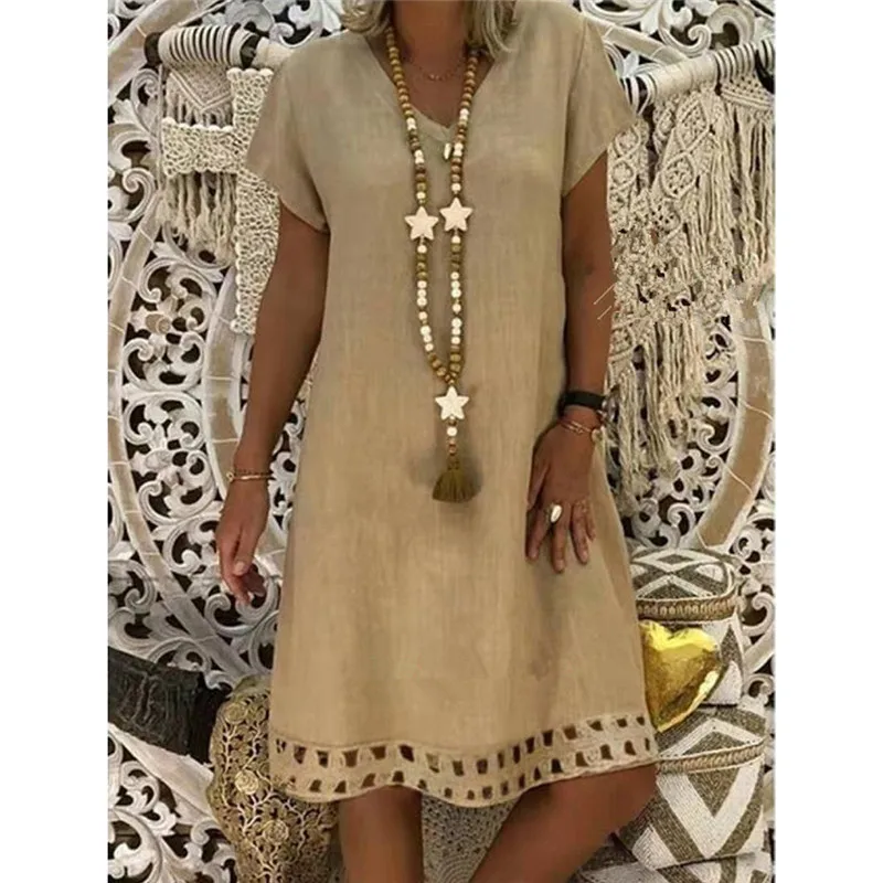 Plus Size Cotton Linen Loose Dress Women Casual V-Neck Elegant Party Summer Dresses 5 Colors Vestido