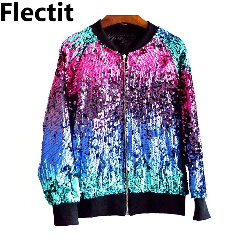 

Flectit Sequin Bomber Jacket Women Stand Collar Zip Up Iridescent Sequins Jacket Festival Outfits *