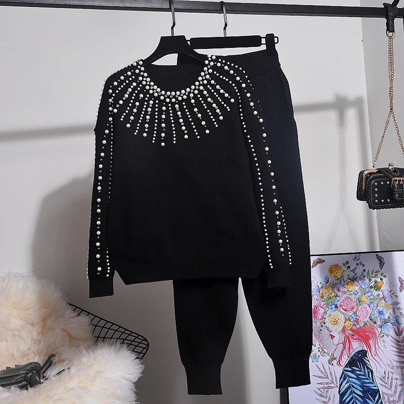 

Autumn New Fashion Women Knitted Sets Rhinestone Loose Long sleeve Sweater + Small Feet Pants Casual Two Piece Set Winter Tops
