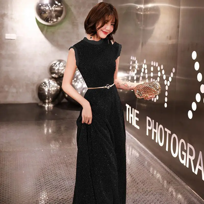 Элегантный Холтер Biling Qipao вечернее платье леди блестками Cheongsam без рукавов изысканные макси платья с поясом Robe De Soiree - Цвет: Long