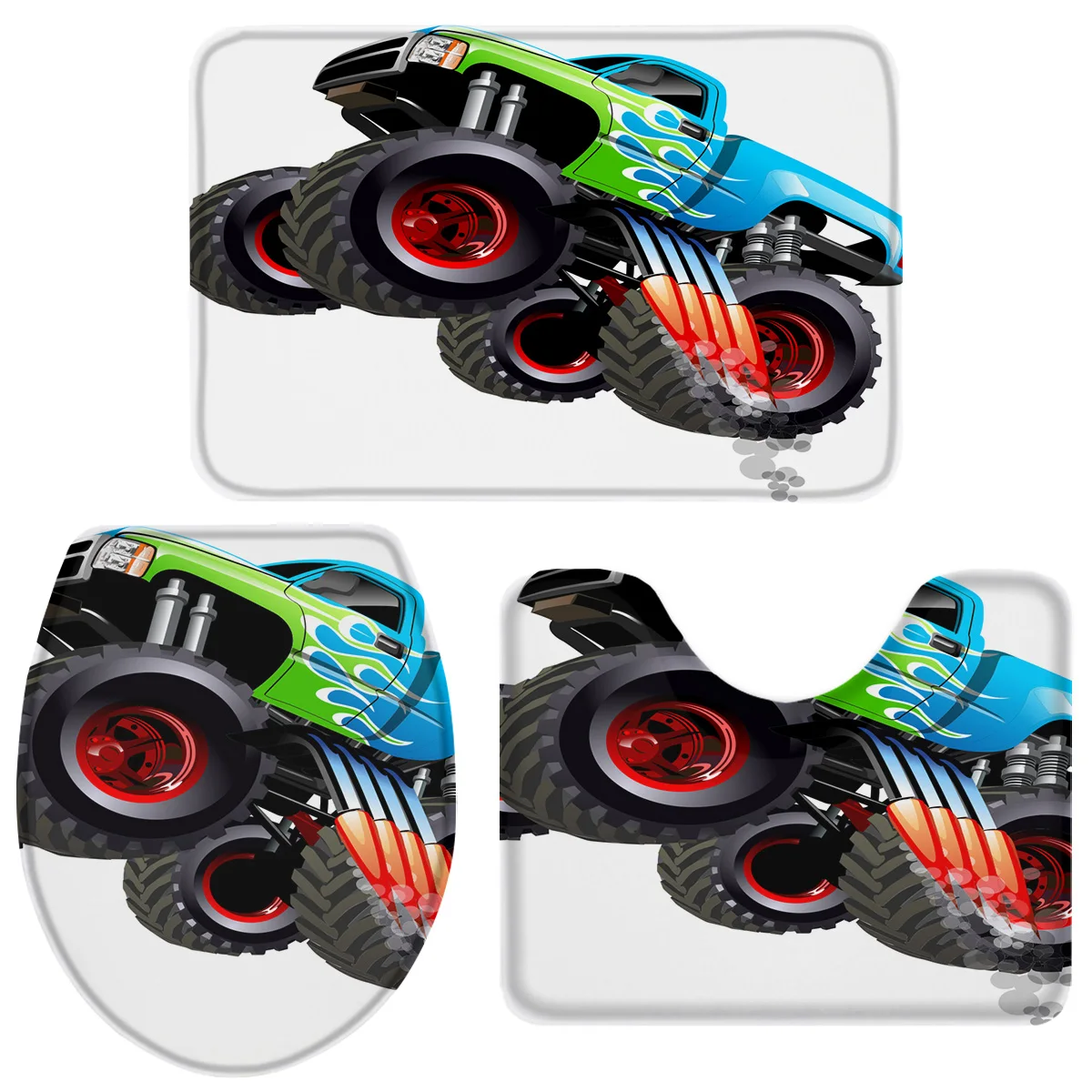 3 Pieces Bathroom Set Truck Cartoon Bath Toilet Cover Mat Pedestal Rug Non-Slip |